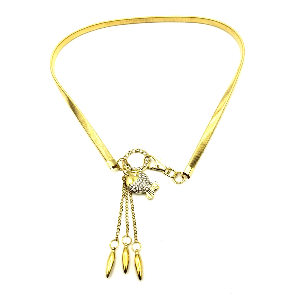 Stretchy Gold Tone Waist Belt Rhinestone Studded Fish Charm One Size Women
